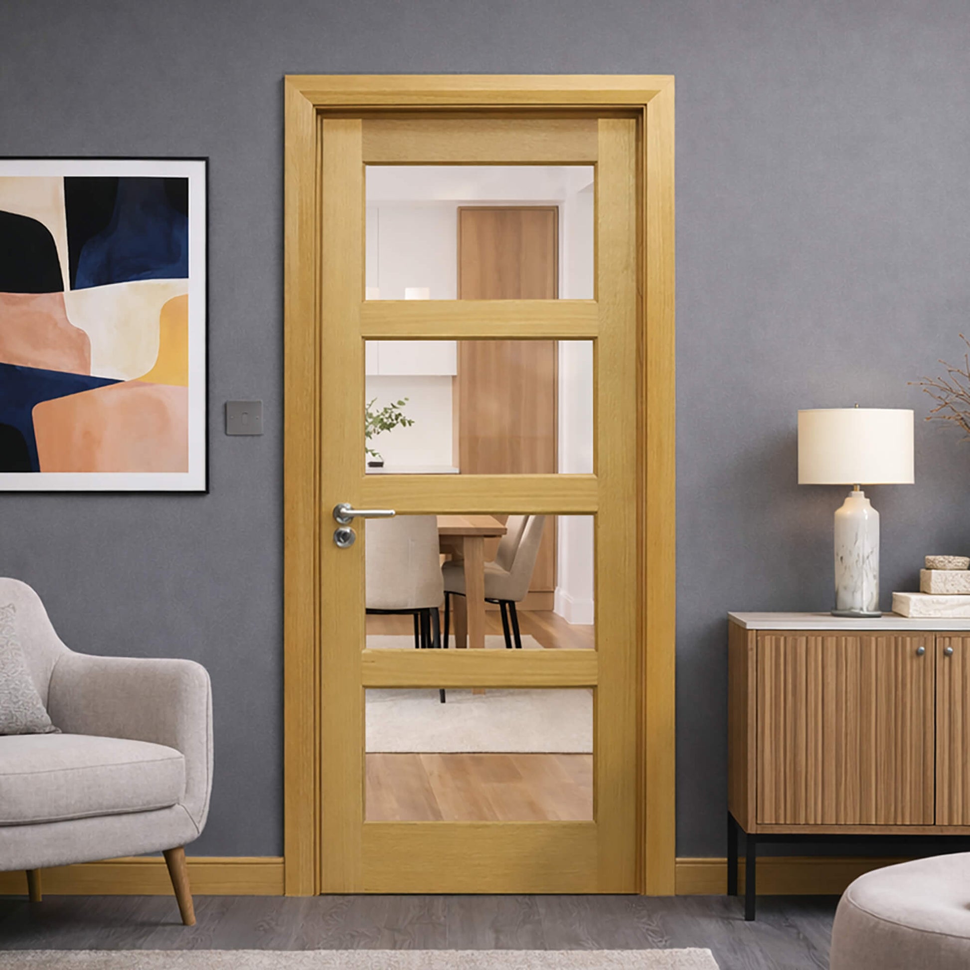 A Contemporary White Oak 4 Lite Unglazed Internal 40mm Door, with 4mm clear toughened glass inserts for light flow, in a home interior setting.