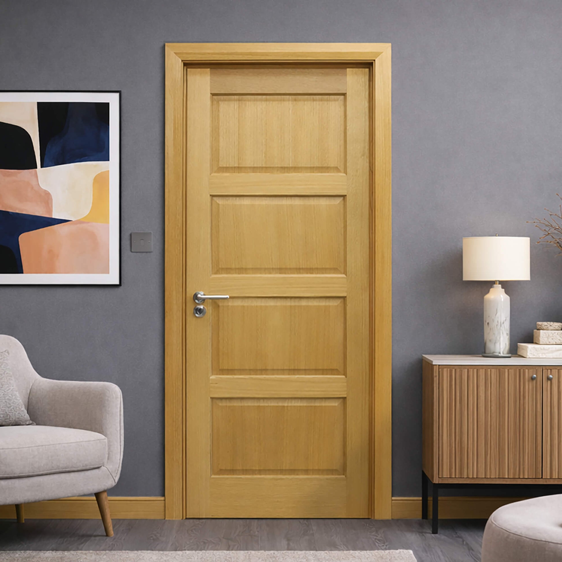 A Contemporary White Oak 4 Panel 40mm Internal Door in a living room interior setting.
