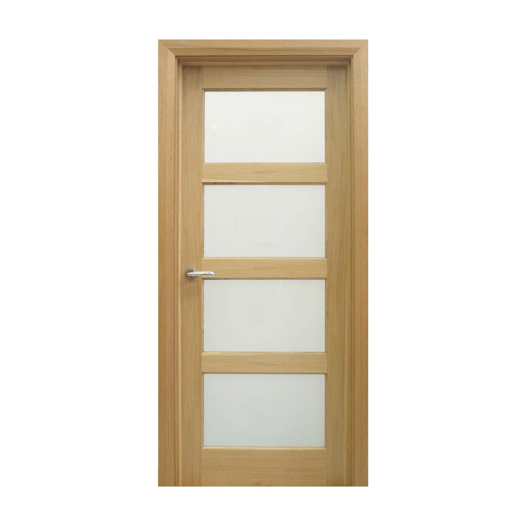 A Contemporary White Oak 4 Lite Unglazed Internal 40mm Door, with sandblasted 4mm toughened glass inserts for privacy, on a white background.