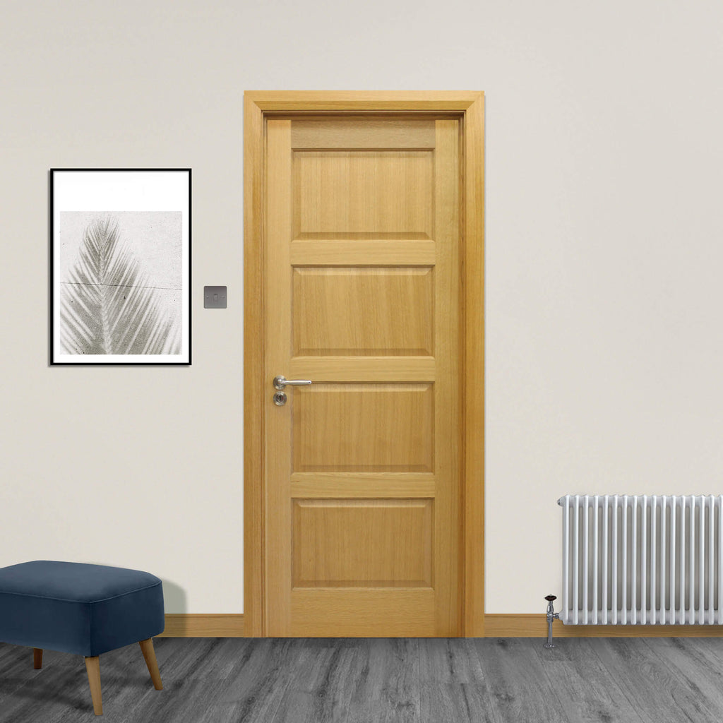 A Contemporary White Oak 4 Panel 40mm Internal Door in an interior setting