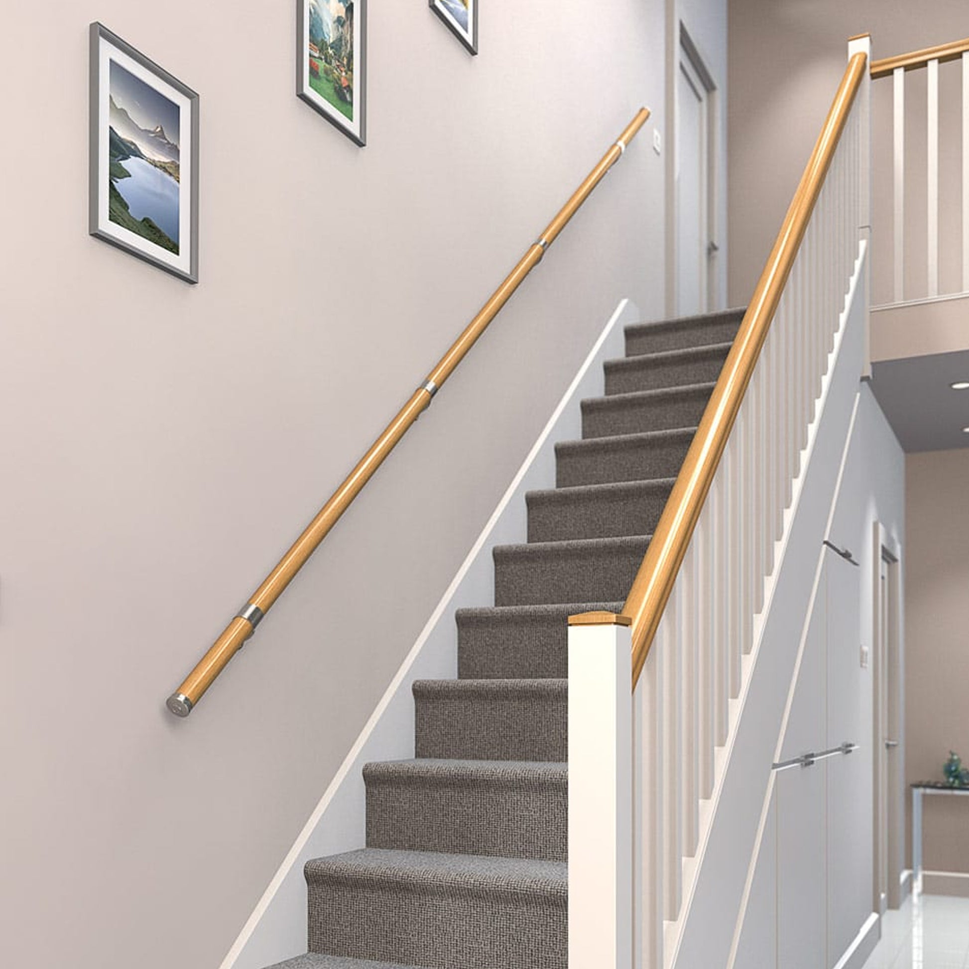 Staircase with Oak Contemporary Handrail Kit and carpeted steps in a home setting.