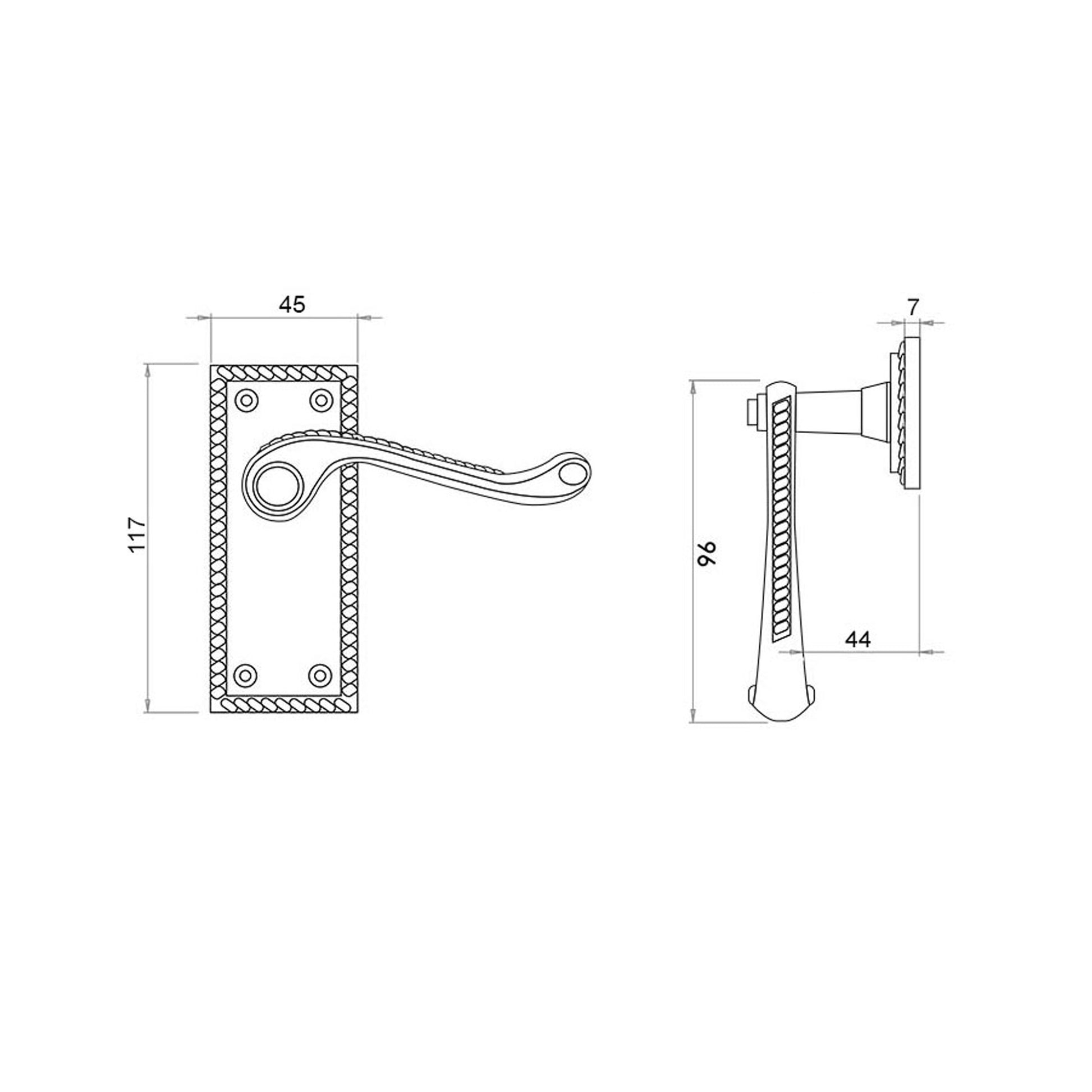 Technical drawing of a Contract Georgian Brass Scroll Backplate Handle.