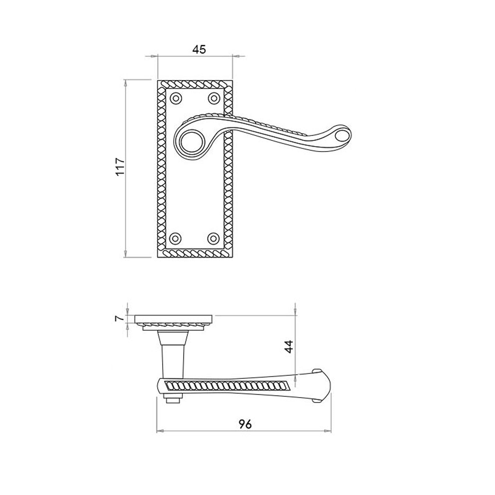 Technical drawing of a Contract Georgian Brass Scroll Backplate Handle.