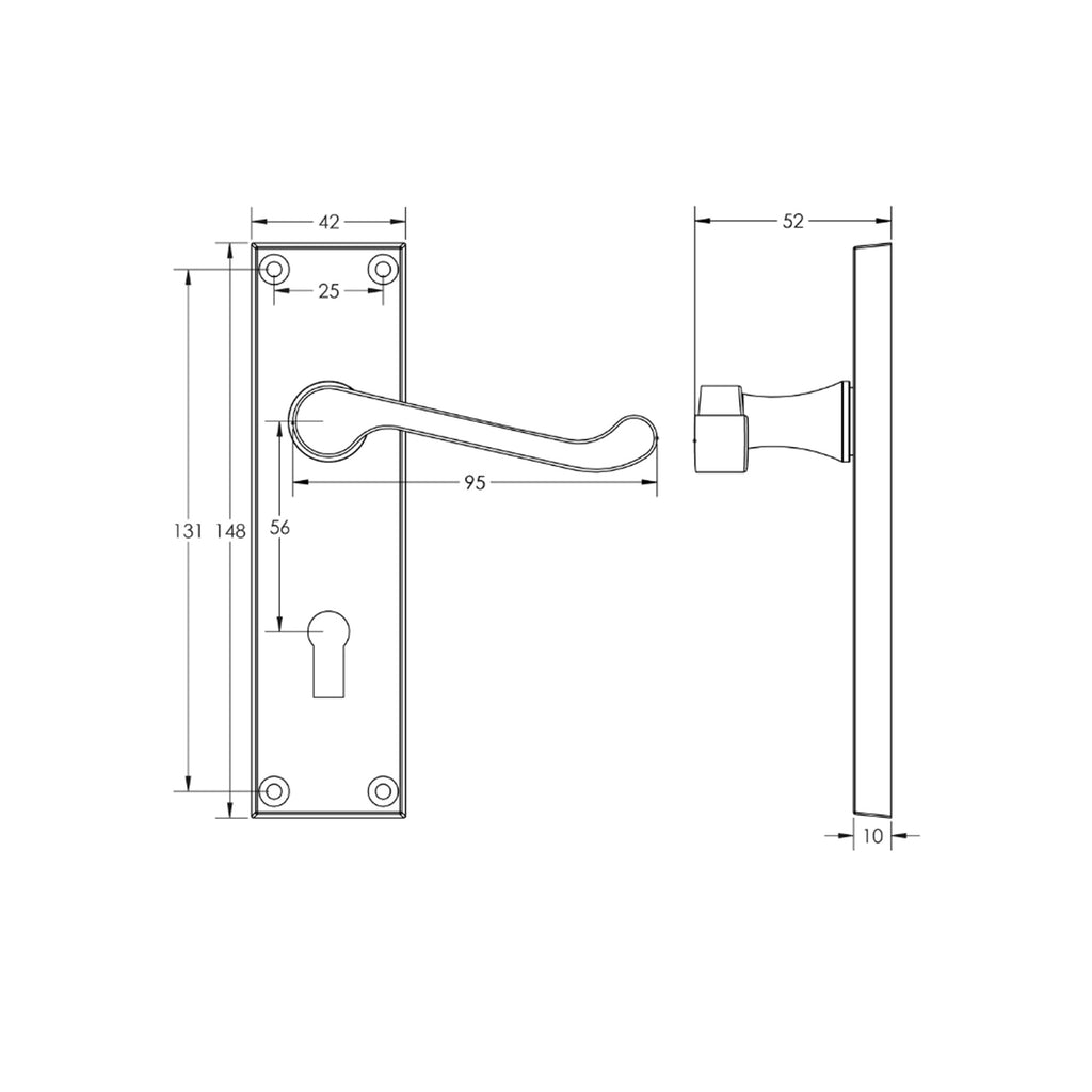 Technical drawing of a Contract Chrome Scroll Backplate lock door handle with dimensions on a white background.
