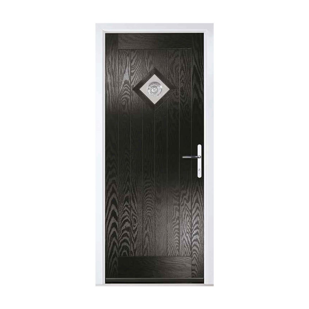 A Black Croft Composite GRP External Door with a diamond-shaped glass panel on a white background.