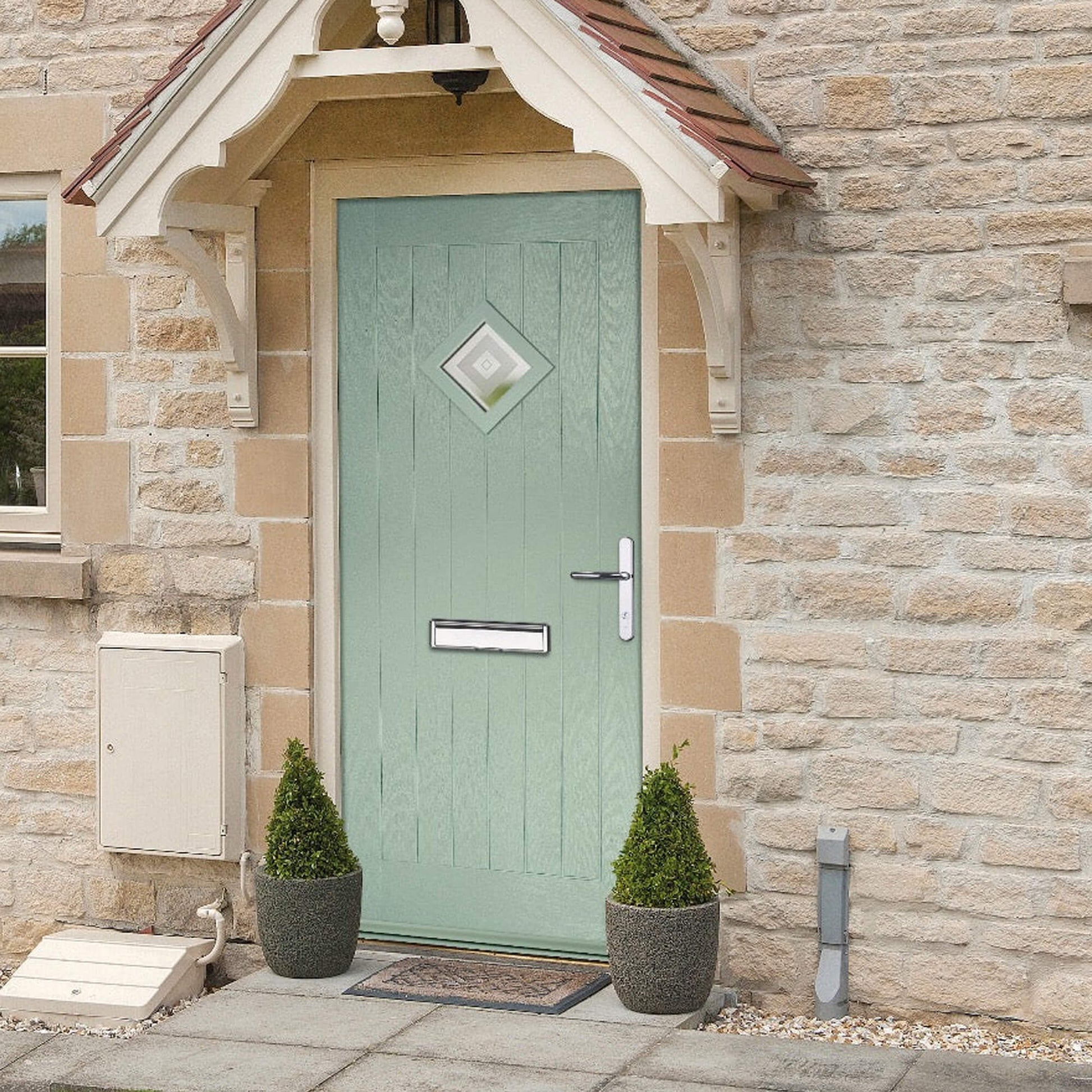 A Chartwell Green Croft Composite GRP External Door in a stone house exterior setting.