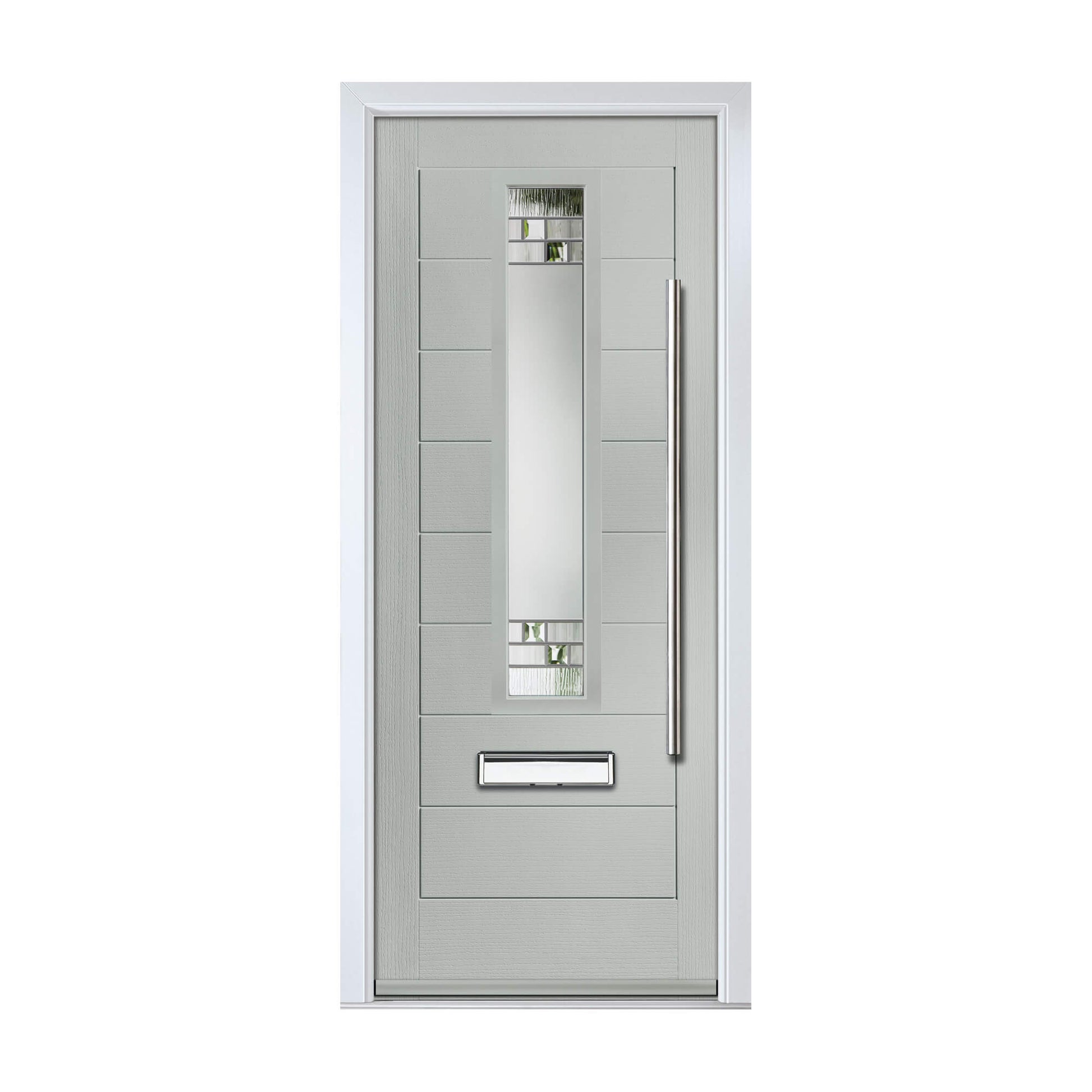 A Chartwell Green Cullen Composite GRP External Doo with glass panel and handle on a white background.