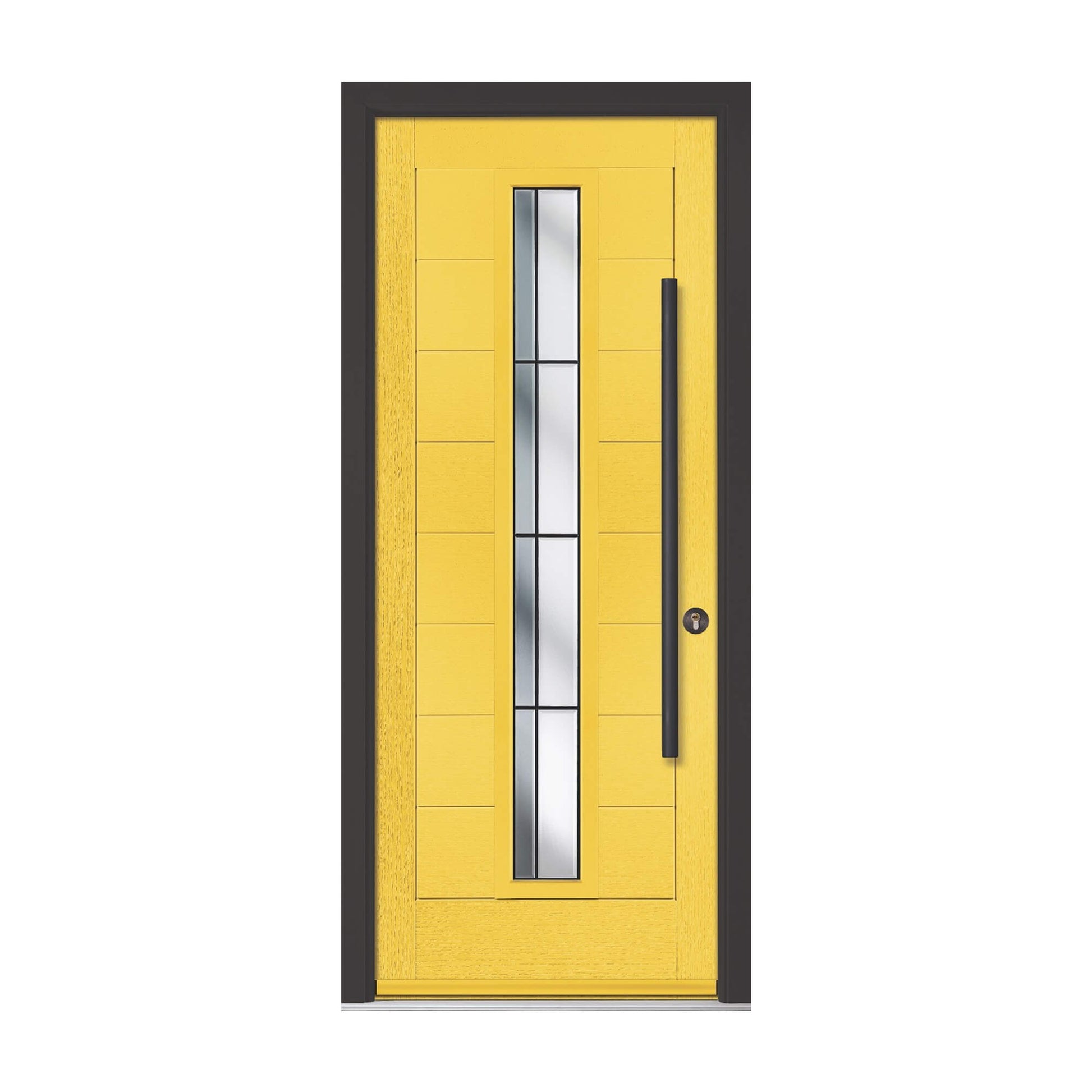 A Yellow Cullen Composite GRP External Door with black frame and handle on a white background.