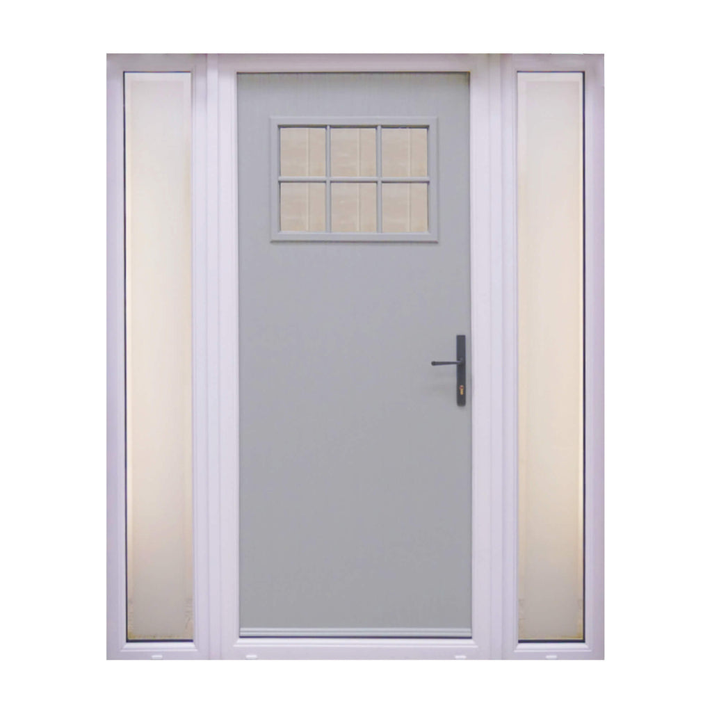 A Light Grey Dublin Composite GRP Door external front door with clear glazed centre panel and side panels on a white background.