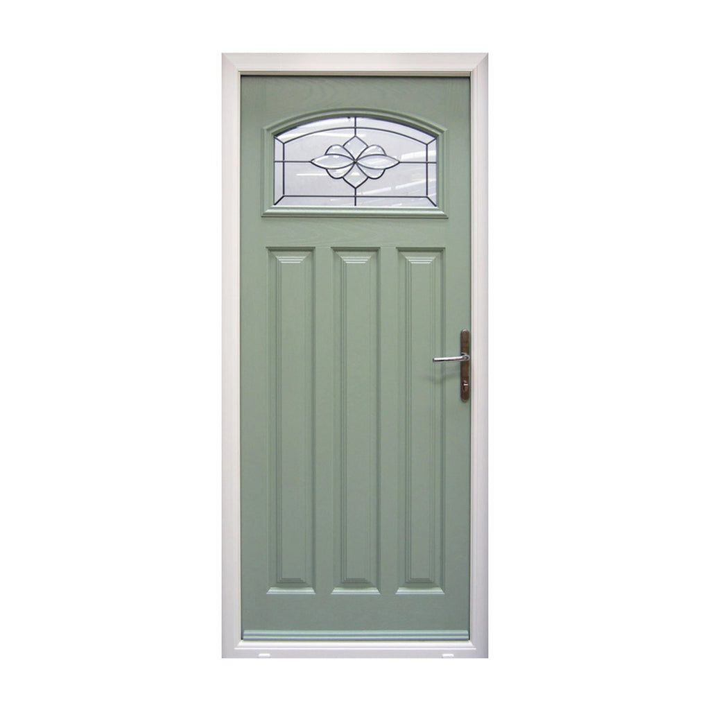 A Chartwell Green Edwardian Composite GRP Door with decorative glass panel on a white background