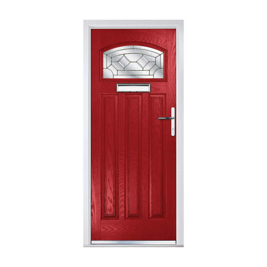 A red Edwardian Composite GRP Door with decorative glass panel on a white background