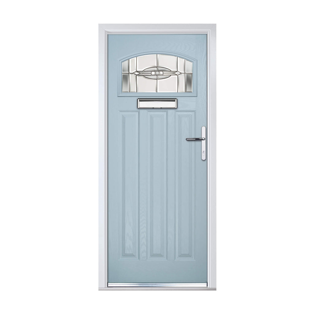 A Porcelain Blue Edwardian Composite GRP Door with decorative glass panel on a white background