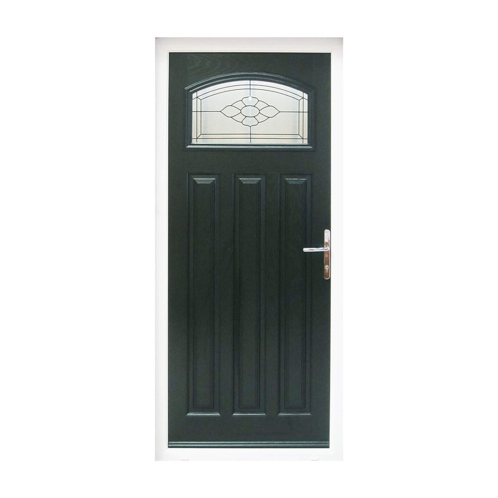 A dark green Edwardian Composite GRP Door r with a decorative window on a white background