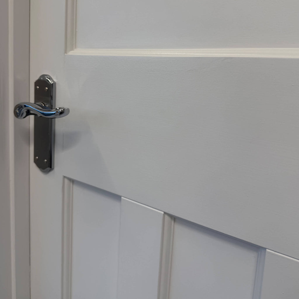 Close-up of the panelling on an Edwardian White Primed 40mm Internal Door with a Monet Nickel Brushed and Polished Chrome Handle.