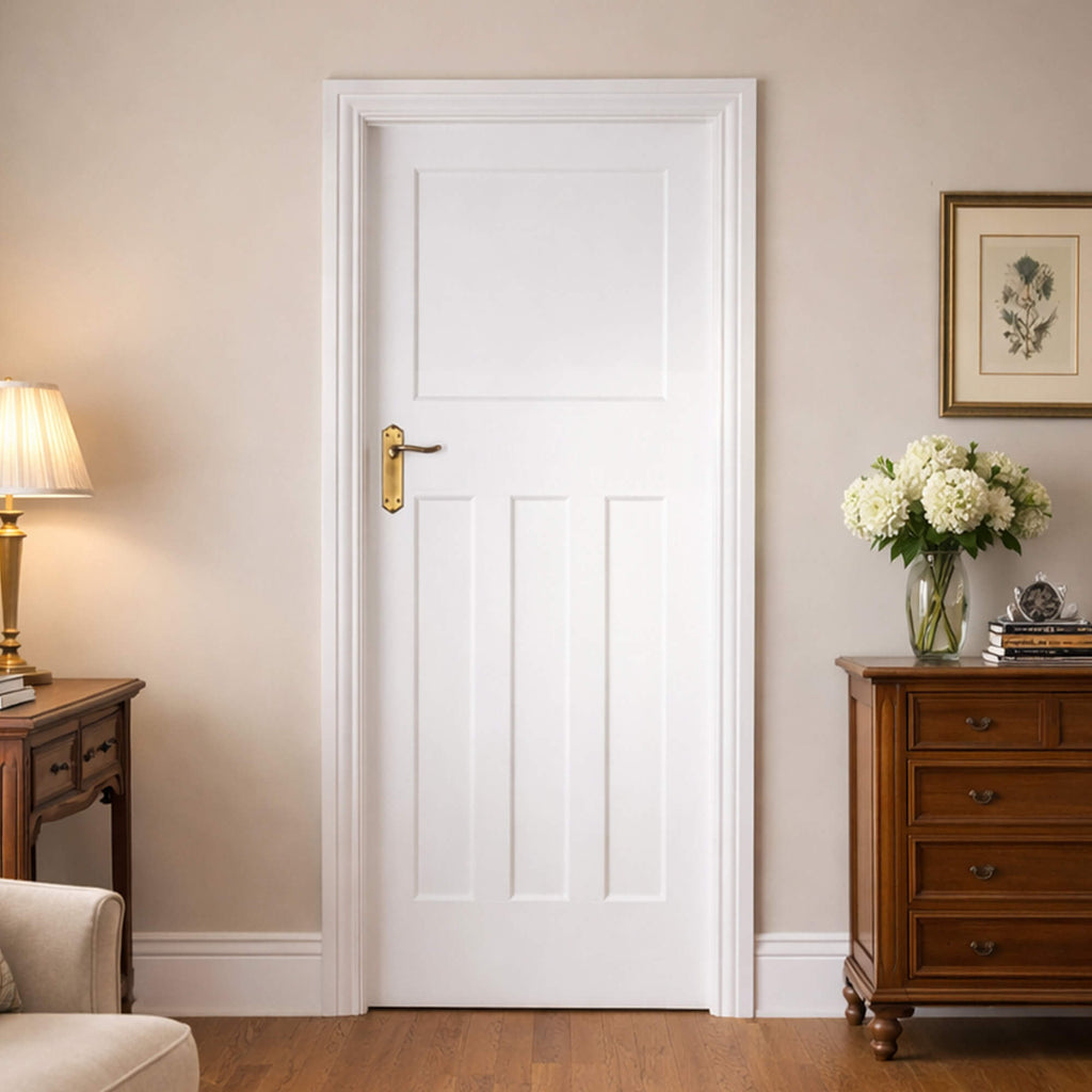 An Edwardian White Primed 40mm Internal Door in a home living room setting with wooden furniture and traditional decor.