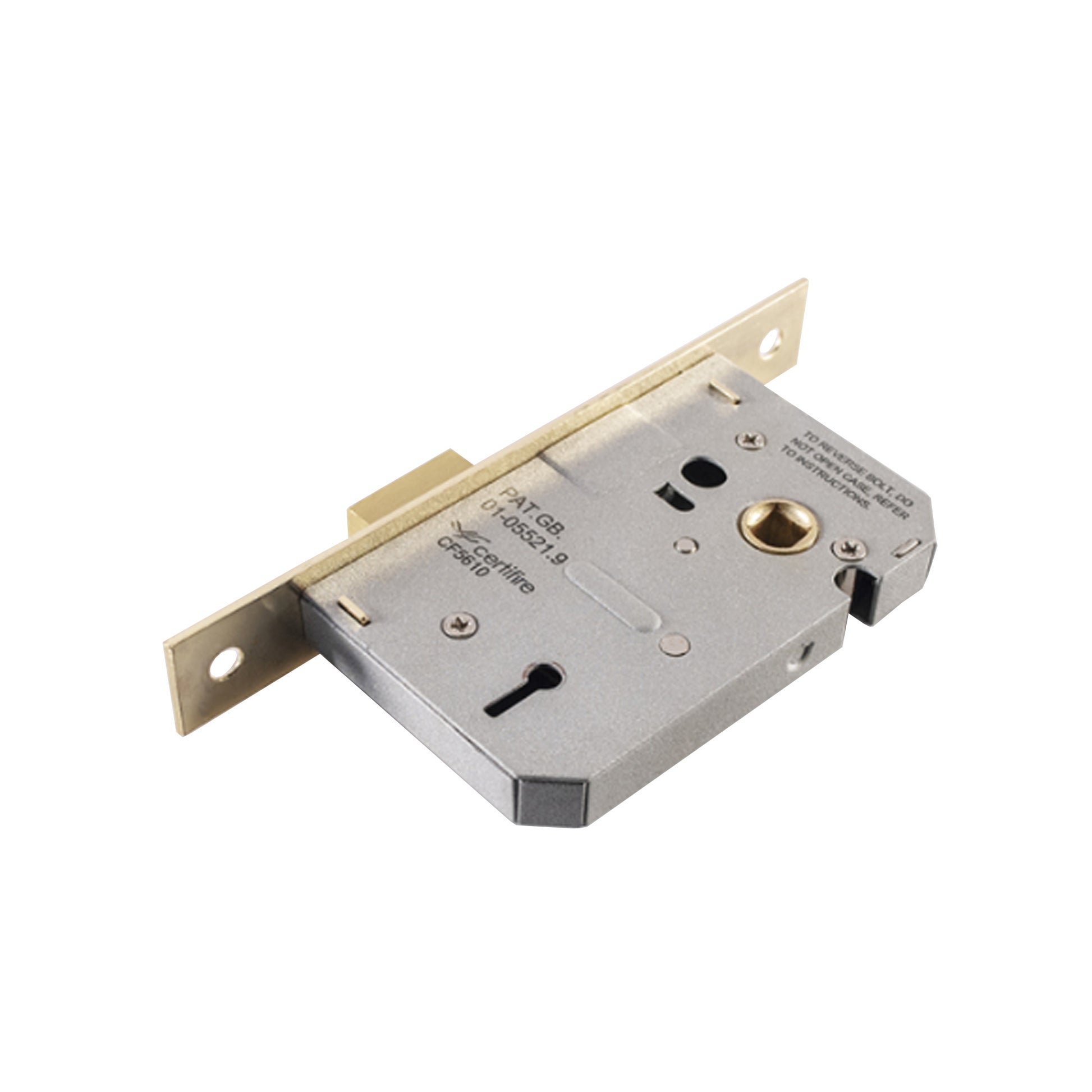 Angled view of the rear of an Electro Brassed 3 Lever Door Lock on a white background.