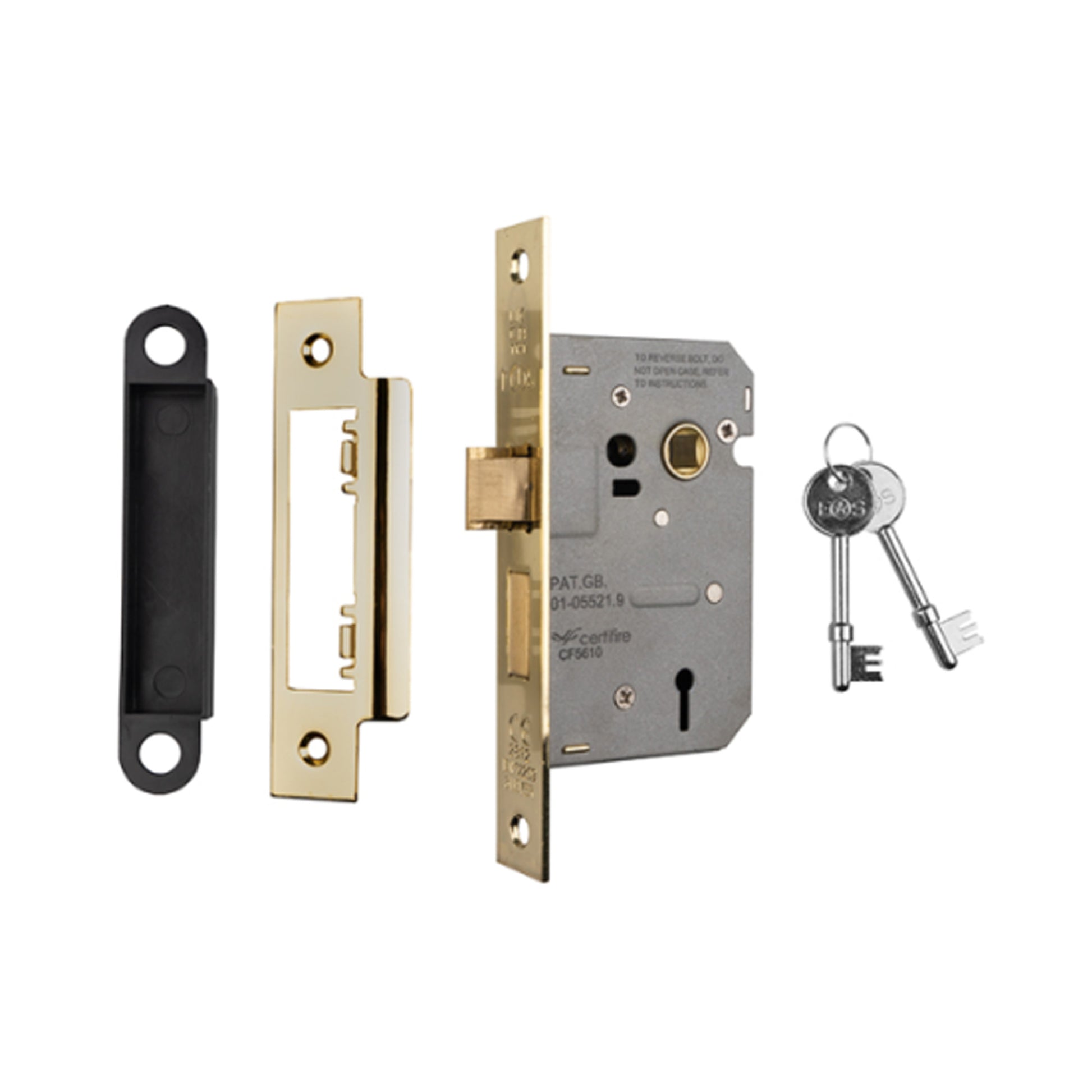 Electro Brassed 3 Lever door lock components with keys on a white background.