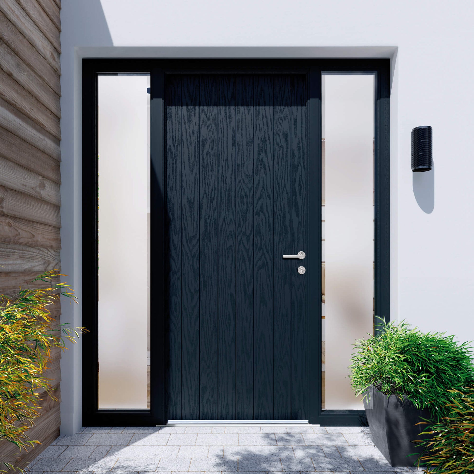 The Farmhouse Composite GRP Door with glass panels on a white front home exterior.