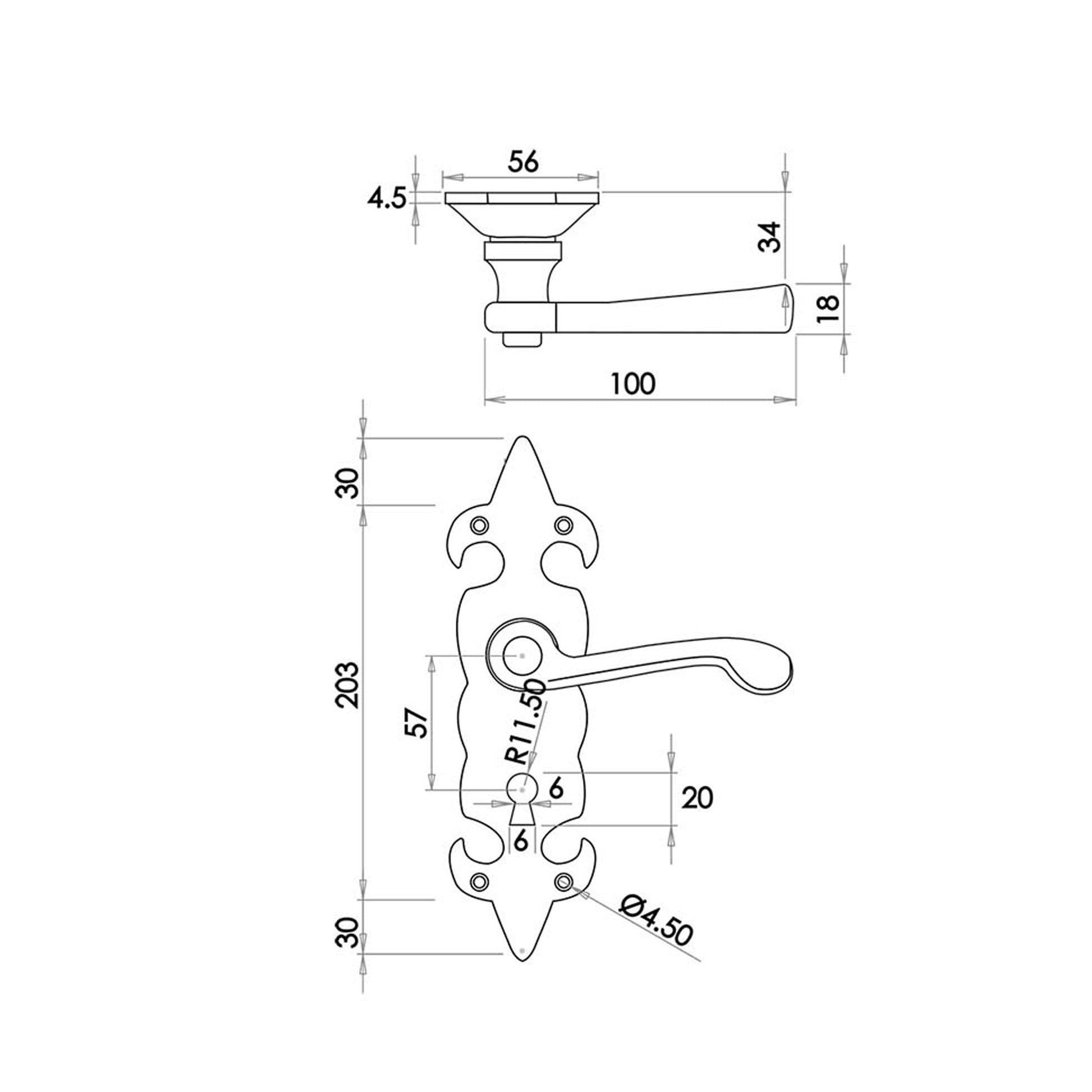 Technical drawing of a FDL backplate door handle with dimensions on a white background.