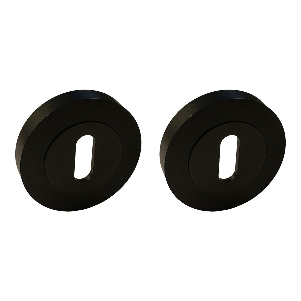 Side profiles of a Flat Black Round Escutcheon Set on a white background