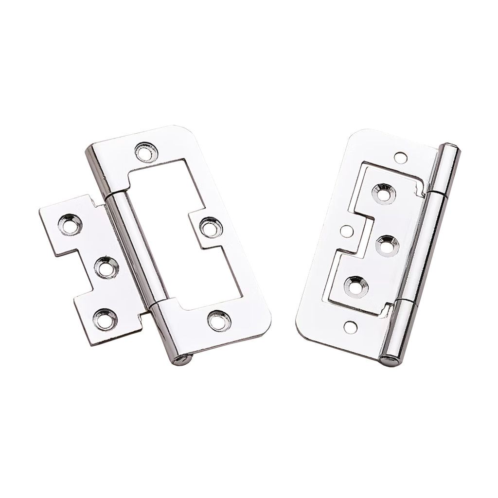 Pair of 76mm Chrome plated flush hinges on a white background