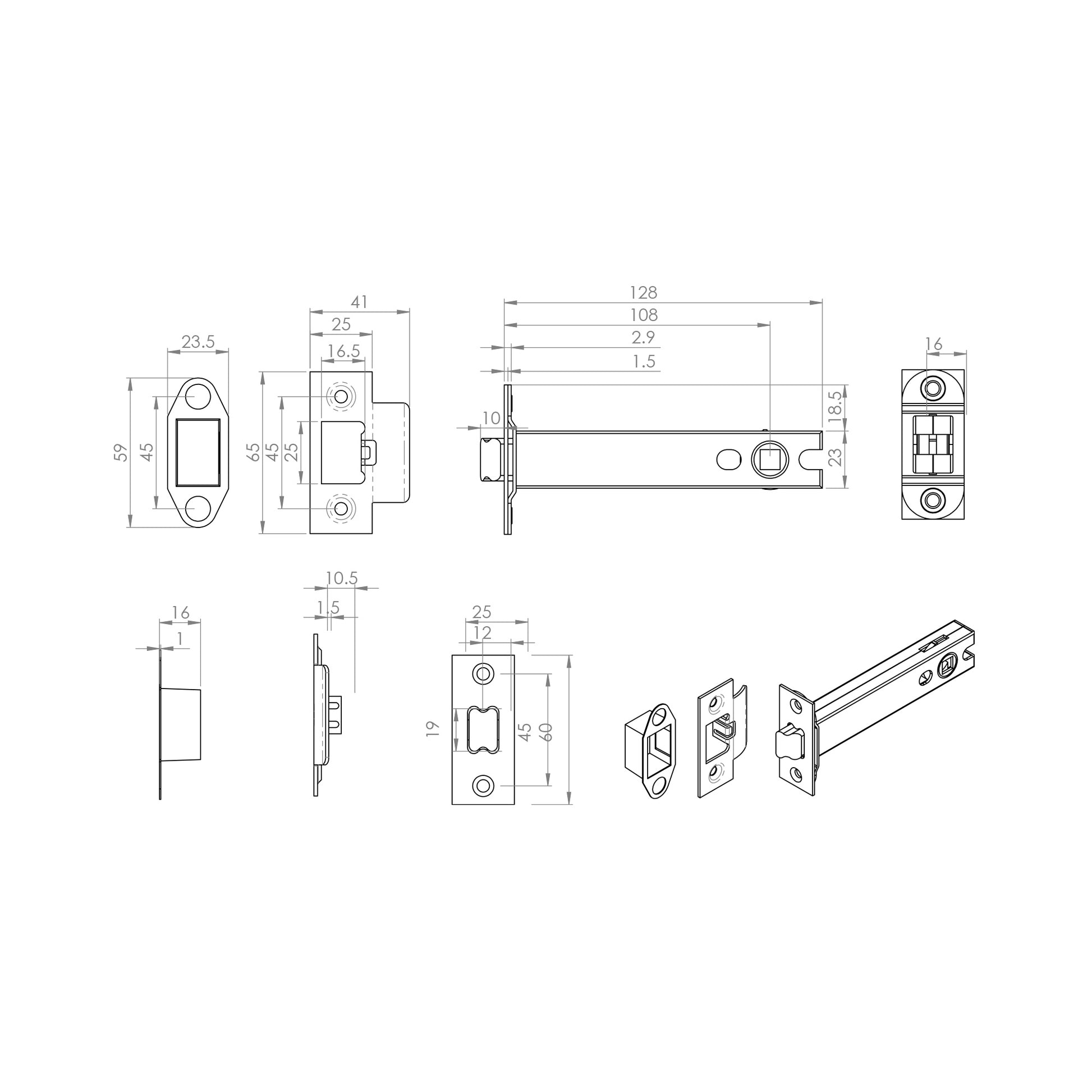 Technical drawing of a 5" (127mm) Heavy Duty Double Sprung Door Latch on a white background.