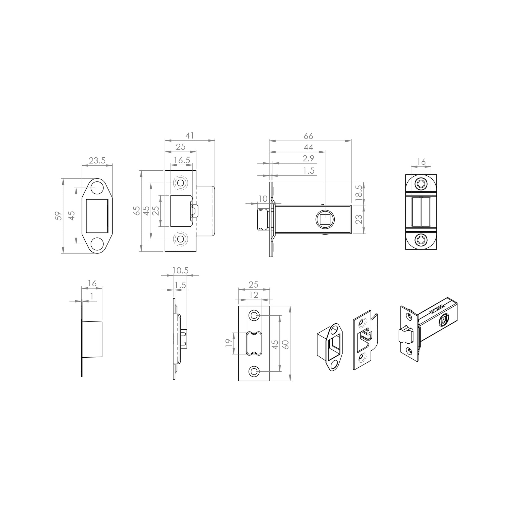 Technical drawing of a 64mm Heavy Duty Double Sprung Door Latch with dimensions on a white background.