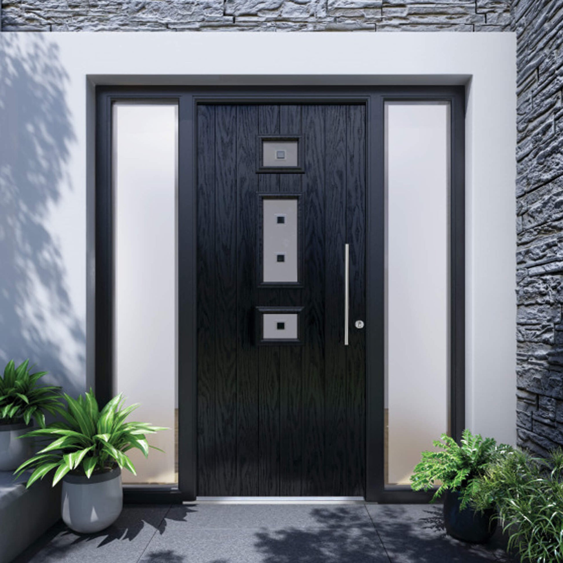 Modern black Heddon Composite GRP Door with glass panels on a home stone entrance setting.
