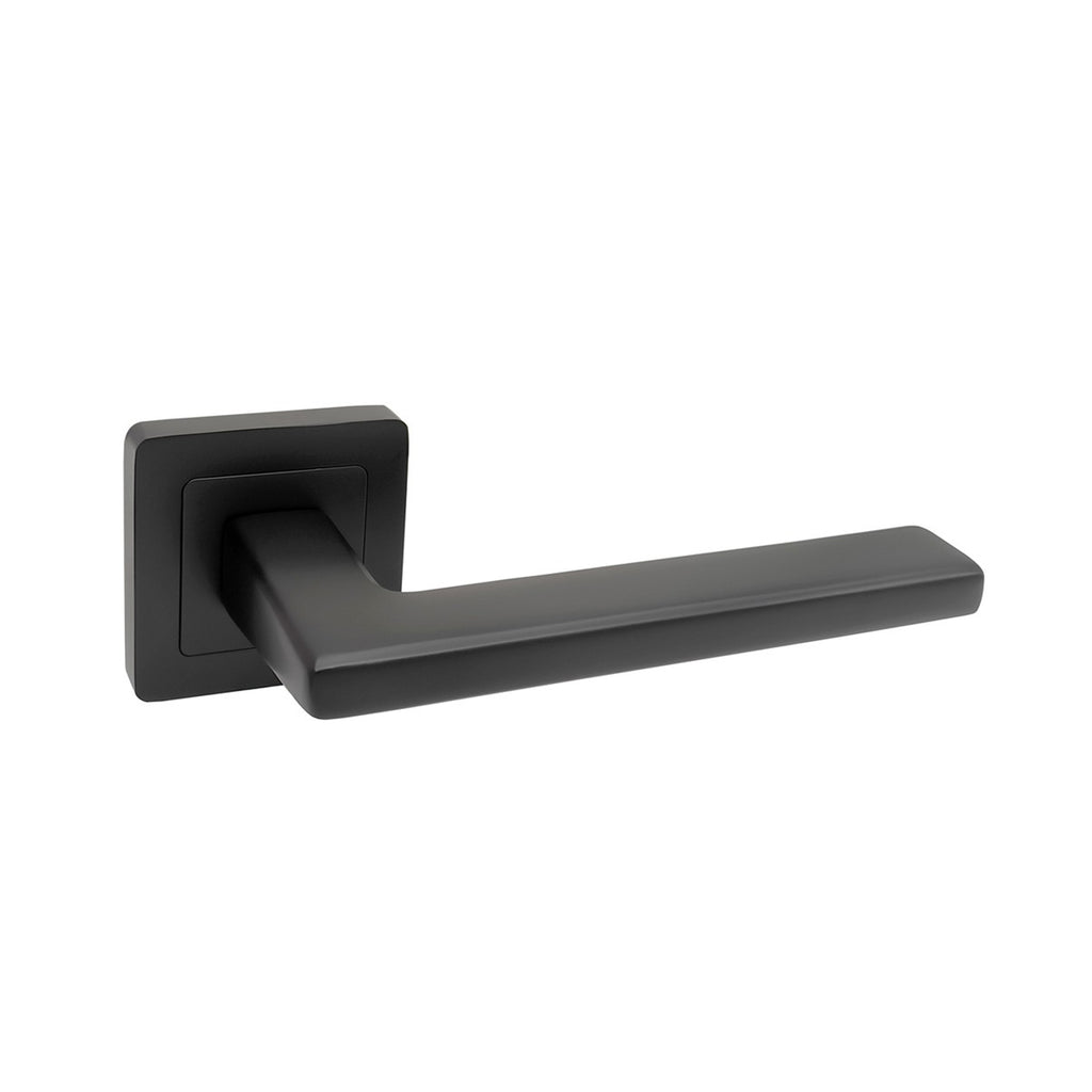 A Hera Flat Black Square Rose door handle on a white background