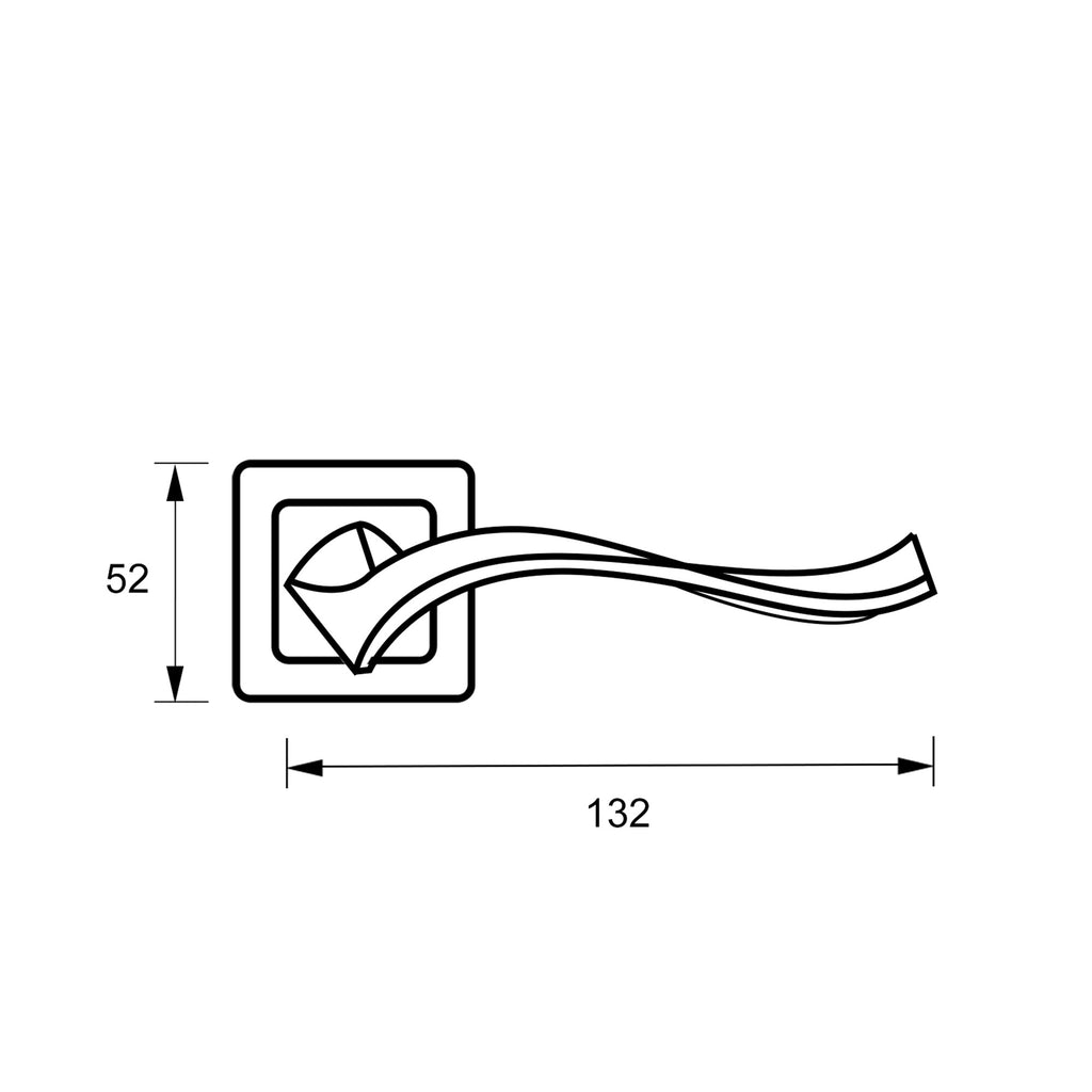Technical drawing of a Incus Nickel Brushed & Polished Chrome Square Rose door handle on a white background.
