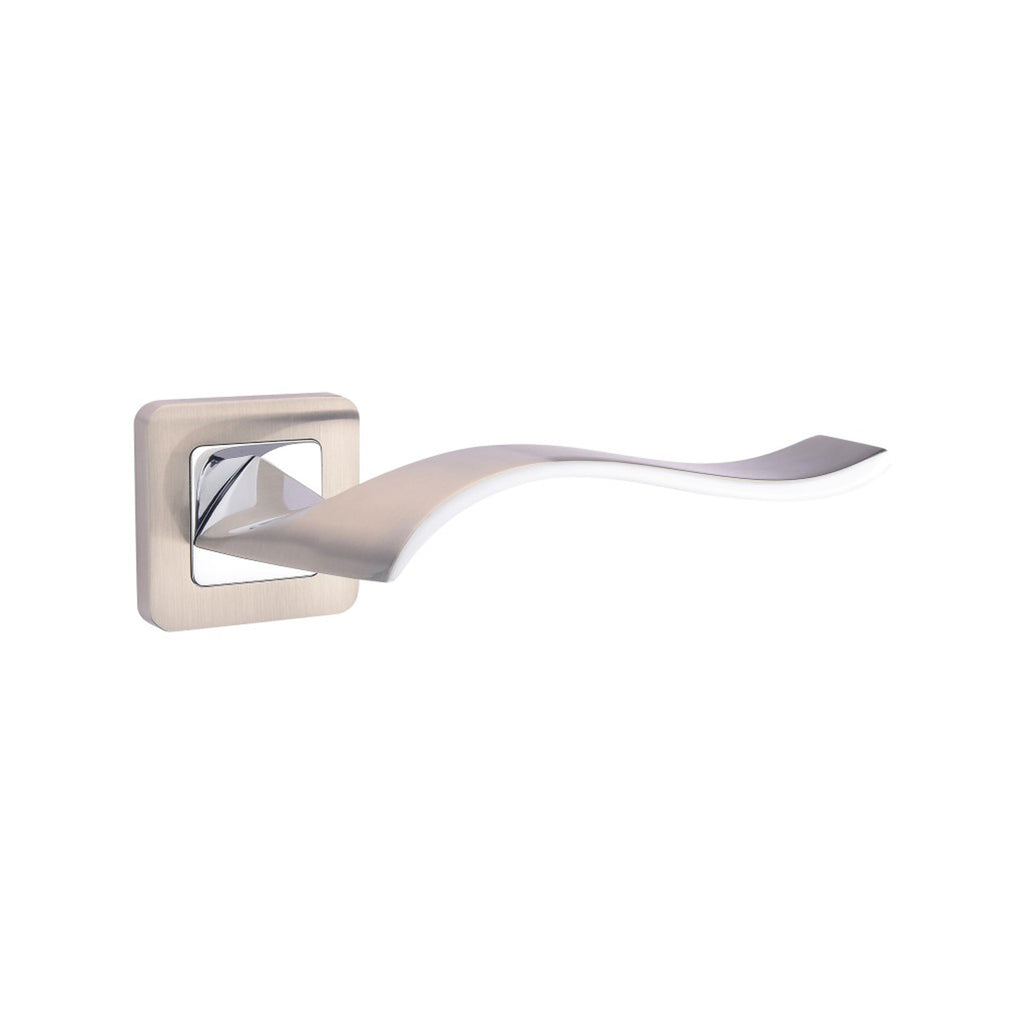 Incus Nickel Brushed & Polished Chrome Square Rose door handle on a white background