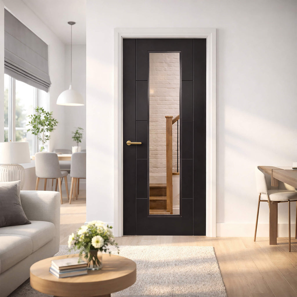 An Iseo Black Primer Plus 1 Lite Pre-Glazed 35mm Internal Door in a modern home interior setting, looking into a hallway.