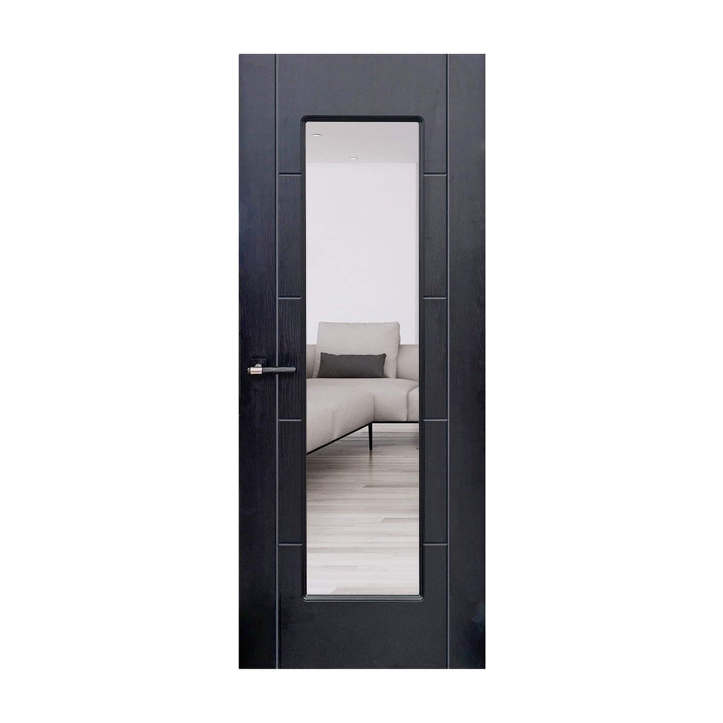 An Iseo Black Ash 1 Lite Pre-Glazed Laminate 35mm Internal Door looking into a living room on a white background.