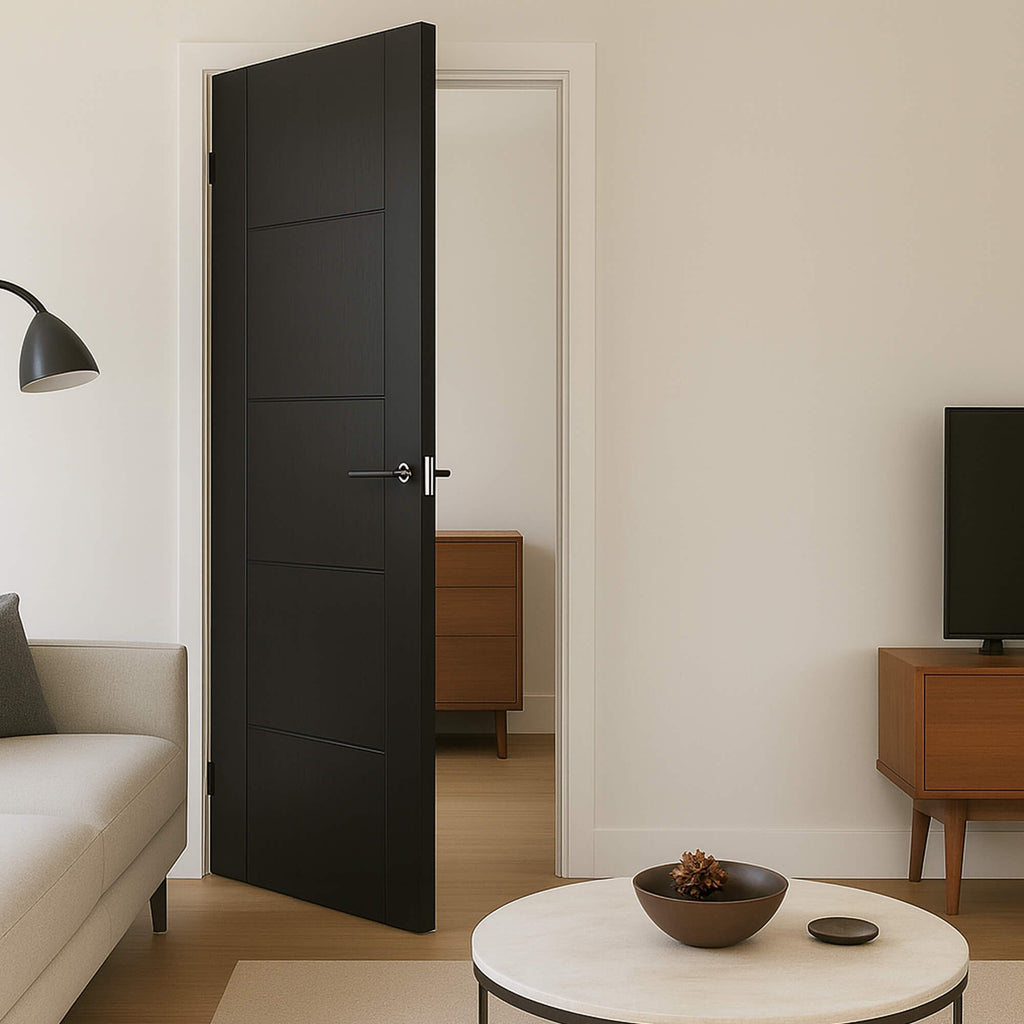 Modern interior design of a living room with an Iseo Black Ash Laminate 35mm Internal Door, white walls, and wooden furniture.