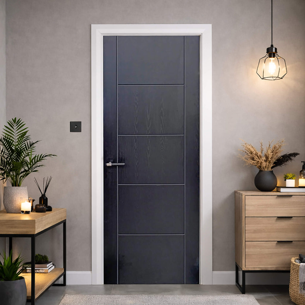 Modern interior design of a living room with an Iseo Black Ash Laminate 35mm Internal Door with a Stratus Handle, tanned walls, and wooden furniture.