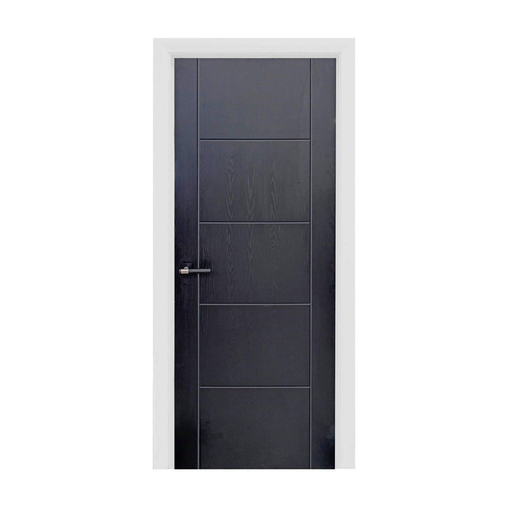 An Iseo Black Ash Laminate 35mm Internal Door with a Stratus Flat Black and Nickel Brass Handle on a white background.
