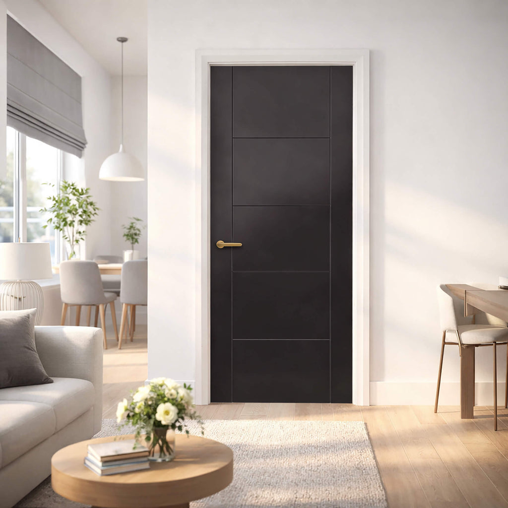 An Iseo Black Primer Plus 35mm Internal Door in a modern home interior setting.