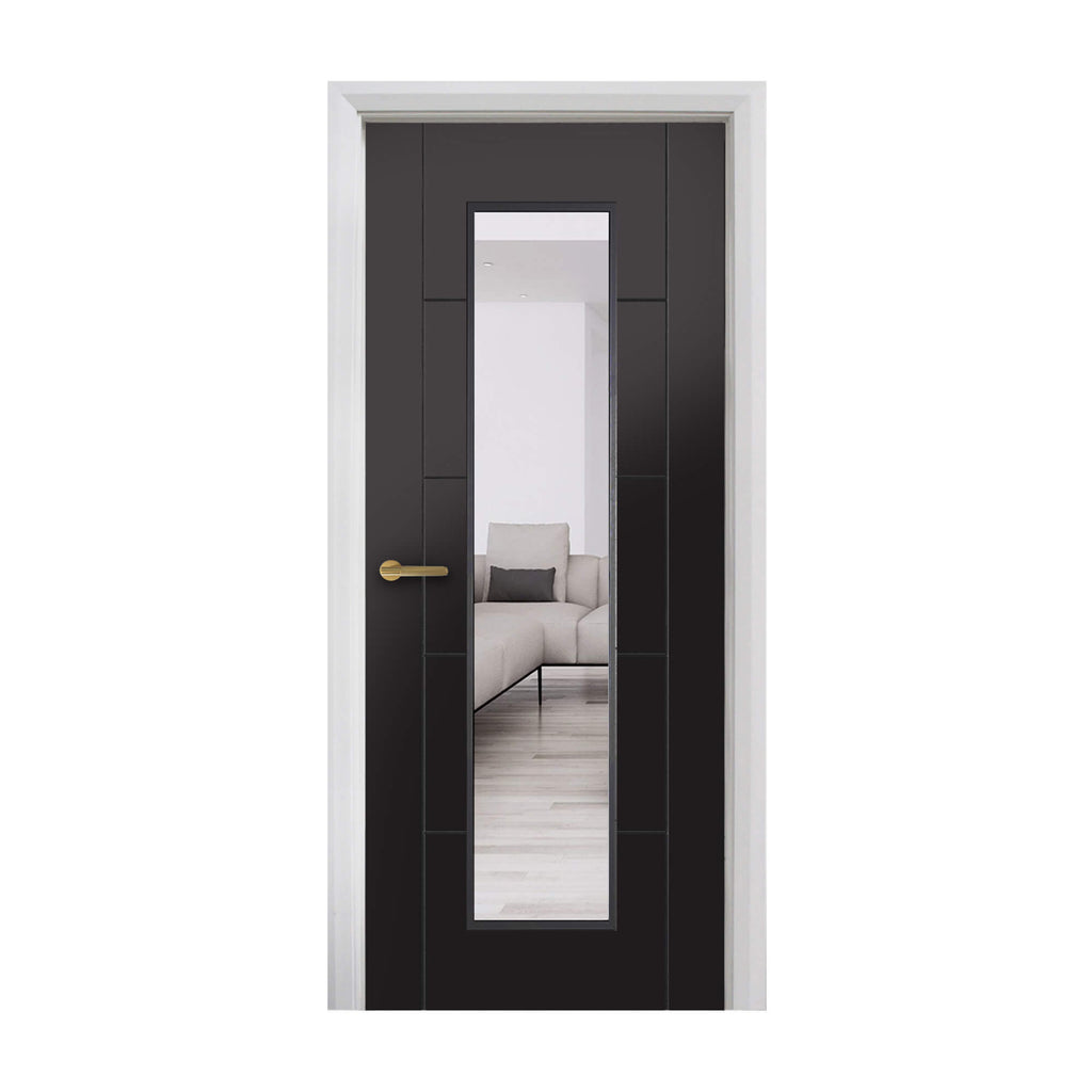 An Iseo Black Primer Plus 1 Lite Pre-Glazed Door showing a living room through the glass, on a white background.