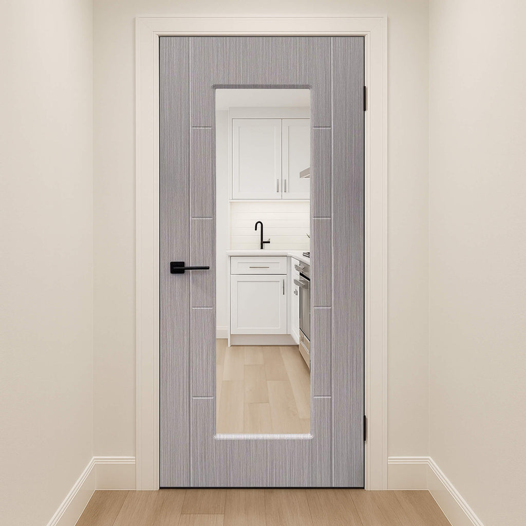 An Iseo Nova Grey 1 Lite Pre-Glazed Internal 35mm Laminate Door in an interior  hallway setting looking into a kitchen.