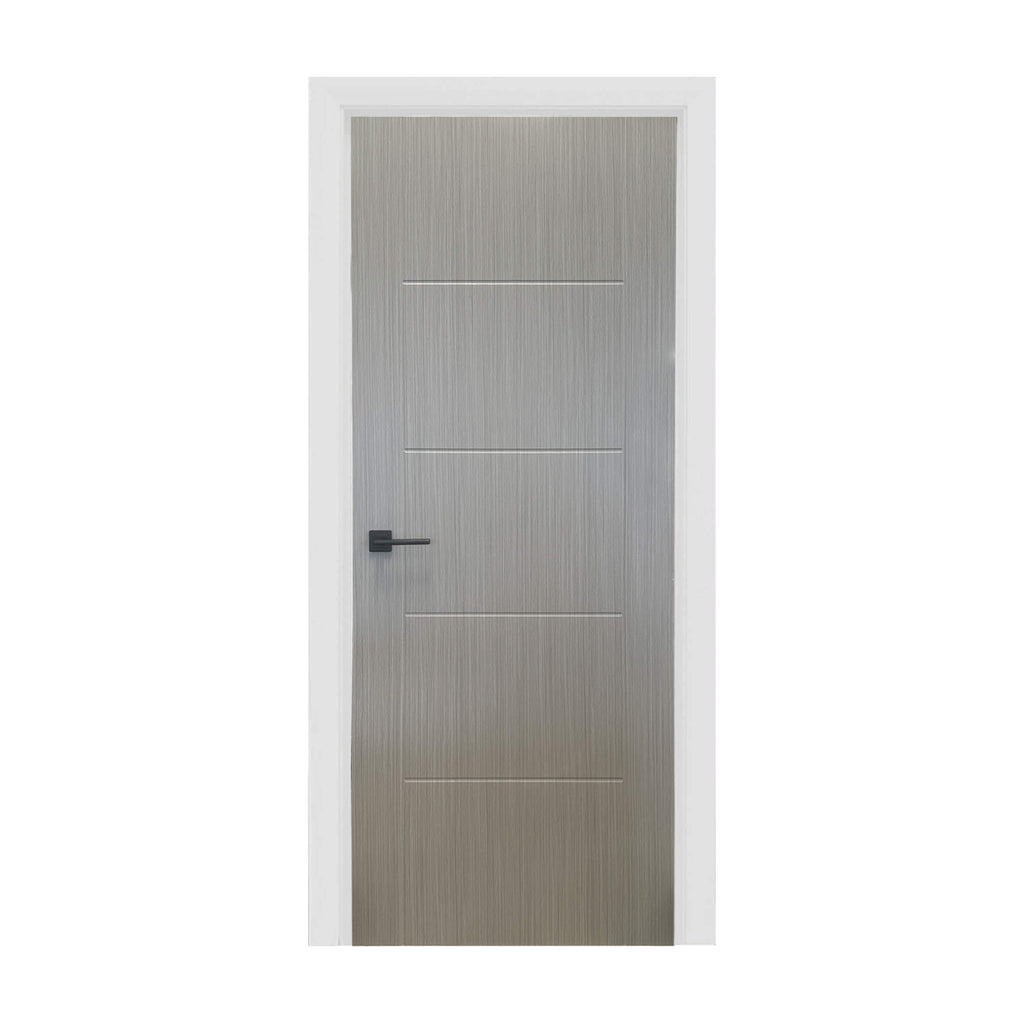 An Iseo Nova Grey 35mm Laminate Door, with a Flat Black Hera Handle,on a white background.