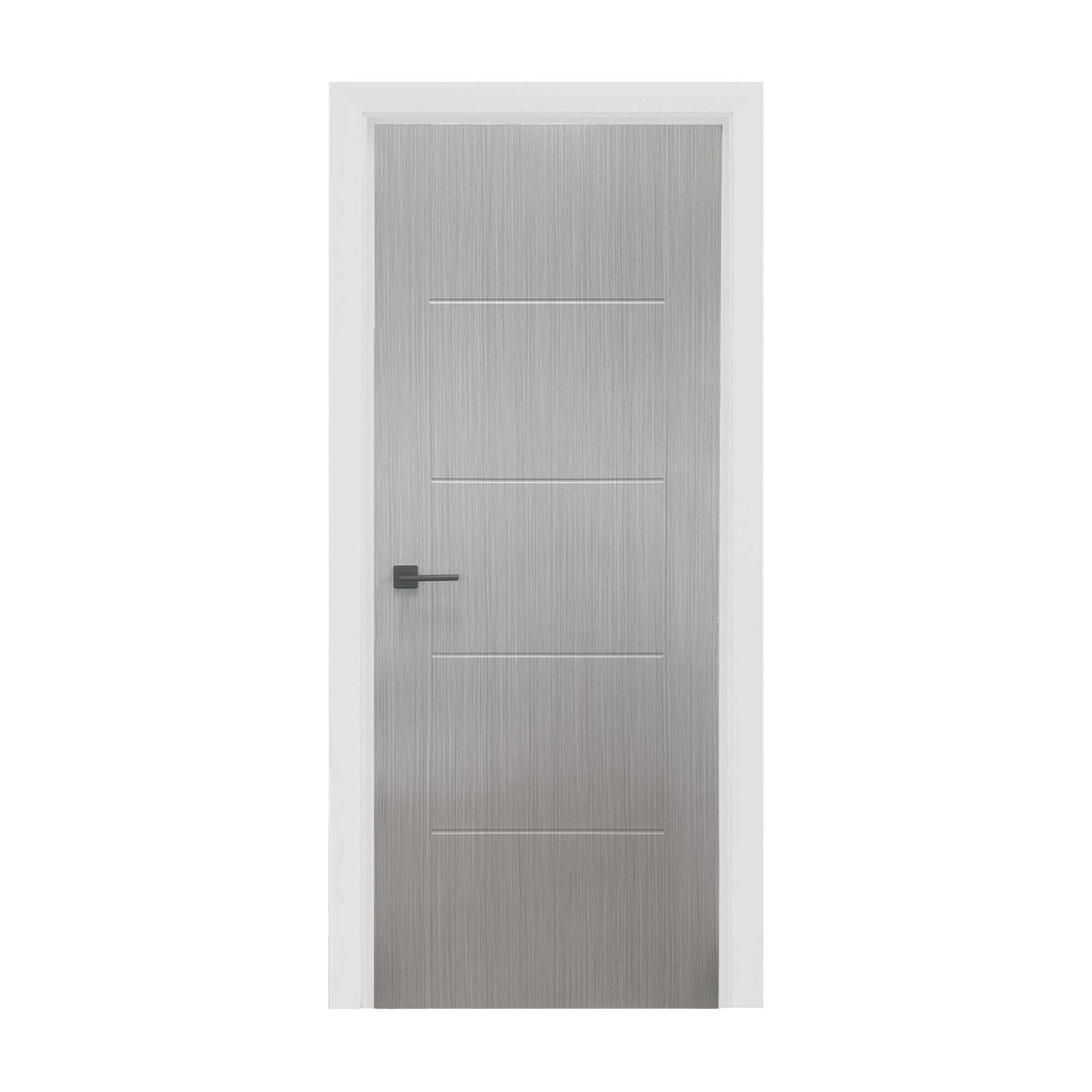 An Iseo Nova Grey 35mm Laminate Door, with a Flat Black Hera Handle,on a white background.