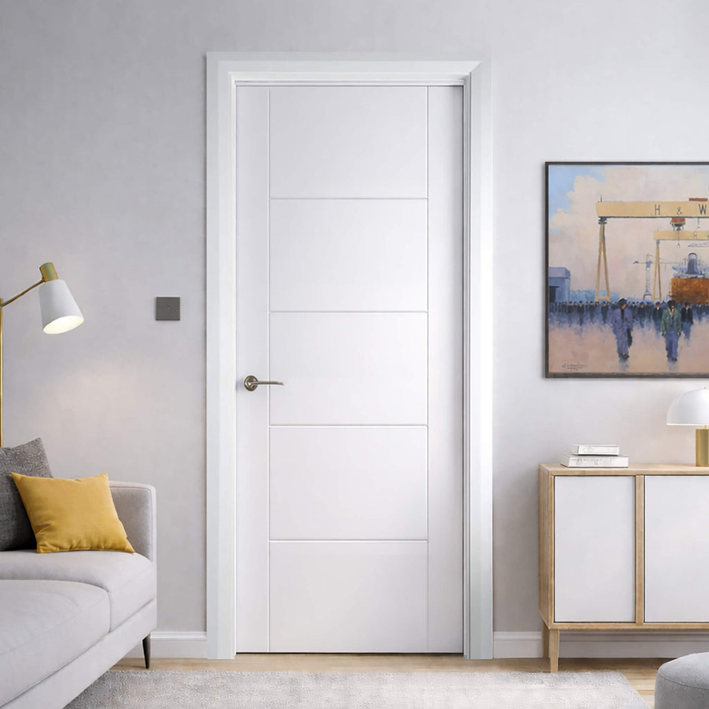 An Iseo Primer Plus Internal Door  in a living room setting with a sofa, lamp, and artwork.
