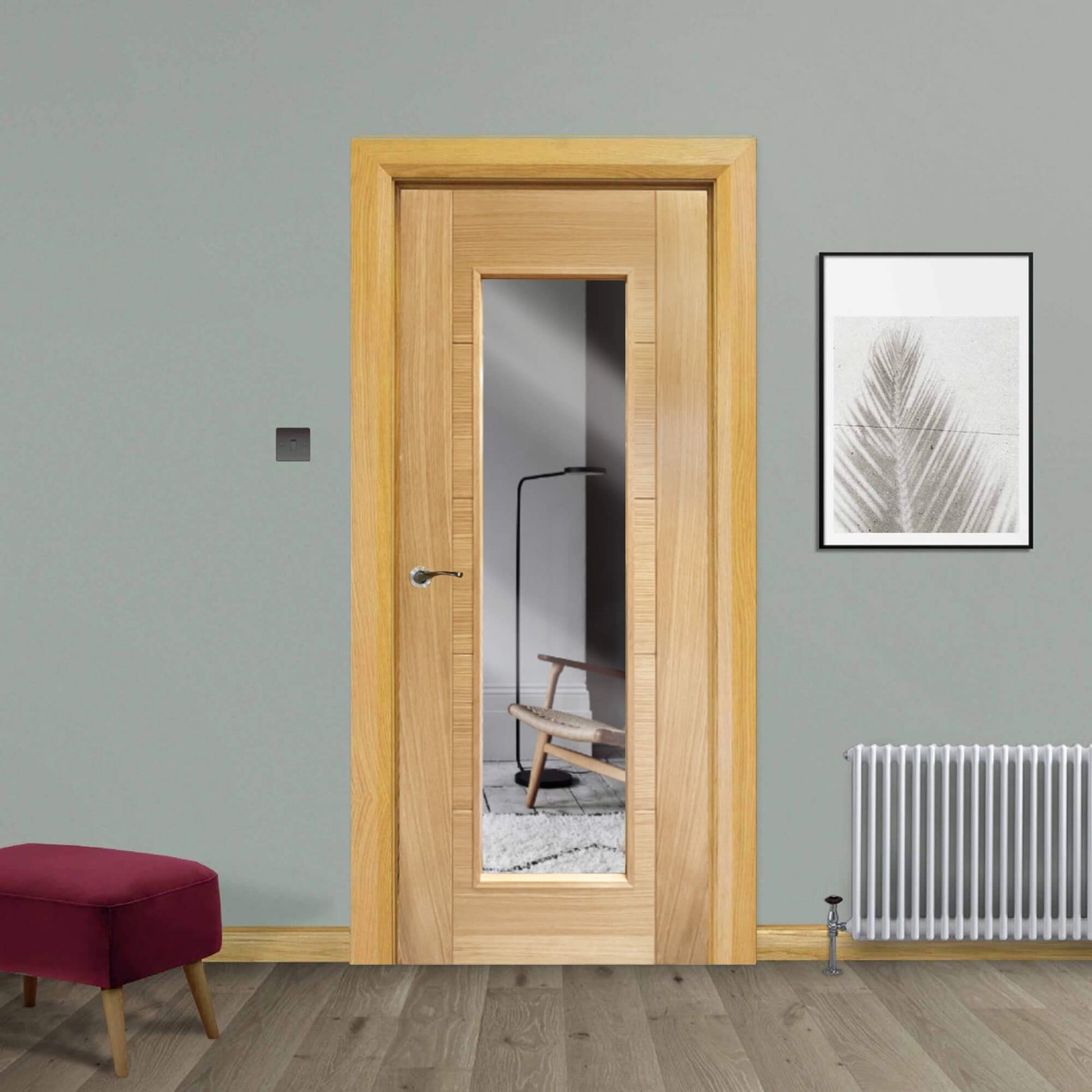 An Iseo White Oak 1 Lite Pre-Glazed 35mm  Internal Door in a home interior setting