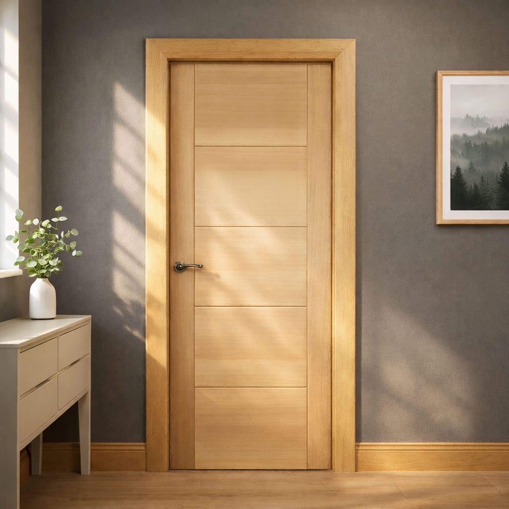 An Iseo White Oak 35mm Internal Door in a home bedroom interior setting with side table and plant.