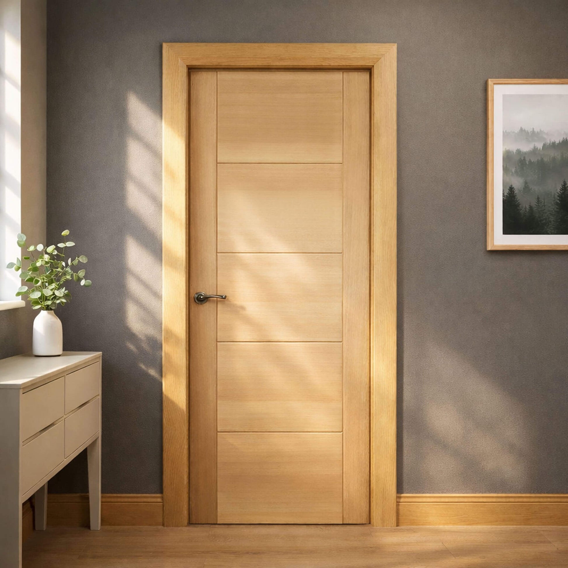 An Iseo White Oak 35mm Internal Door in a home bedroom interior setting with side table and plant.