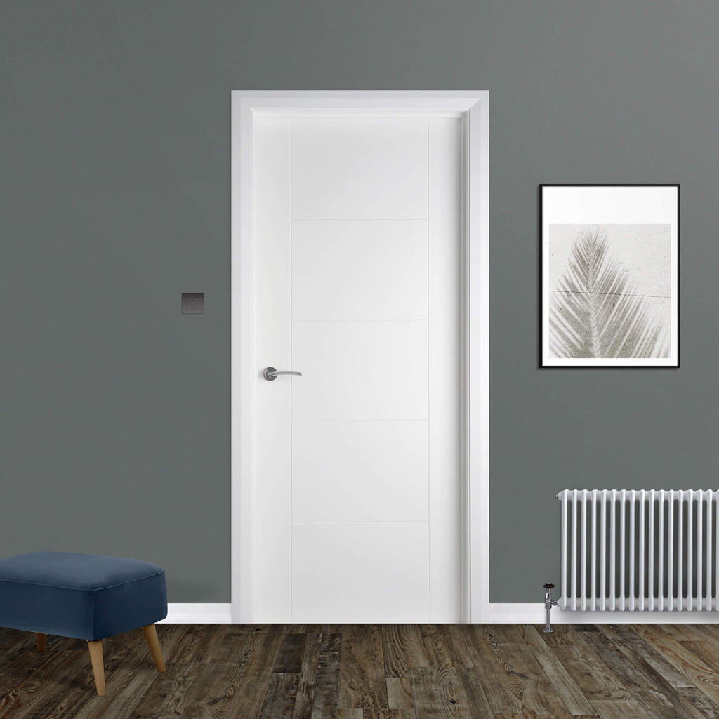 An Iseo White Primed FD30 Fire Door in a home interior setting.