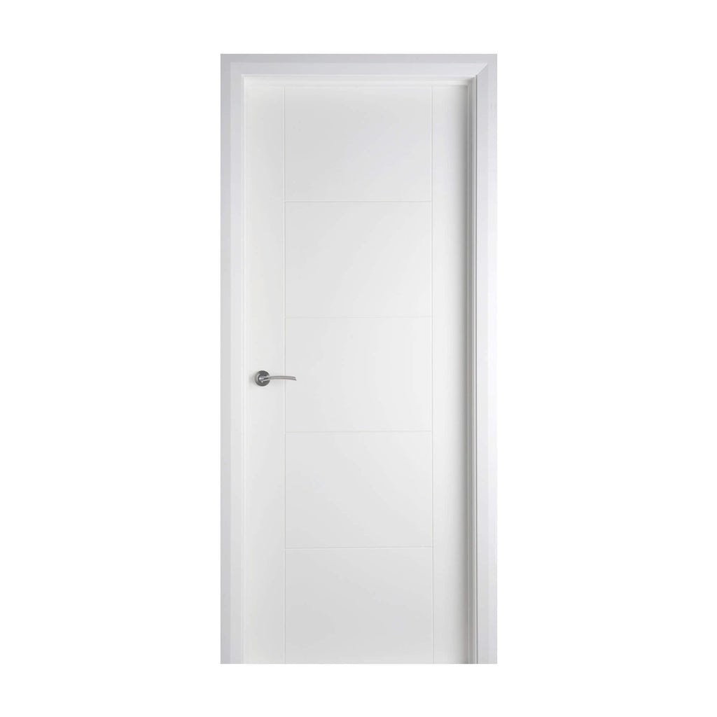 An Iseo White Primed FD30 44mm Fire Door with a trade range handle on a white background.