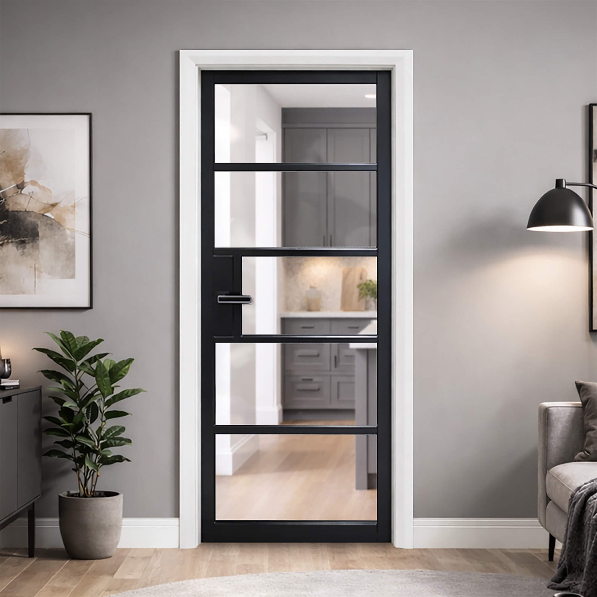 A Kew Black Primer Plus 5 Lite Pre-Glazed 40mm Door in a modern home setting.