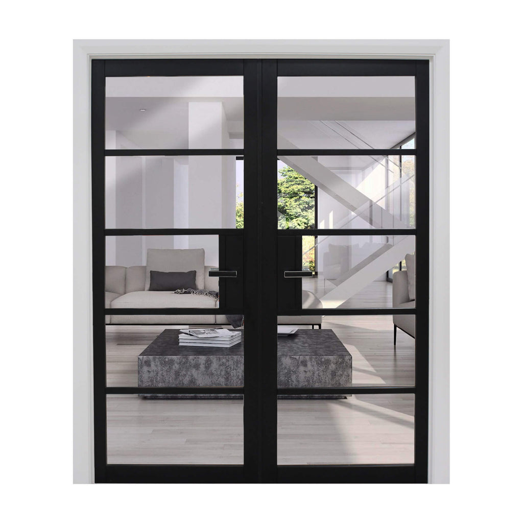 A Kew Black Primer Plus 5-Lite Pre-Glazed Double Door Set looking into a living room,  on a white background.