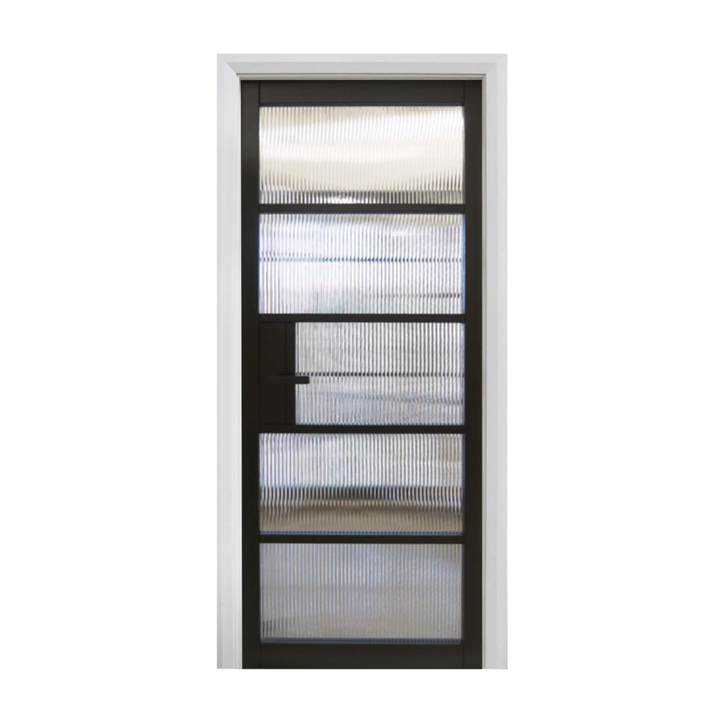 A Kew Black Primer Plus 5 Lite Reeded Glass Door on a white background.